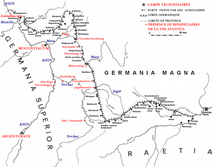 Fig. 5 : Carte de répartition des stationes de bénéficiaires (connues à ce jour) tenues par des légionnaires de la legio Octava Augusta (d’après le site dragonfantasy-verlag.ch, Die Limes Verteidigungslinie der Römer).